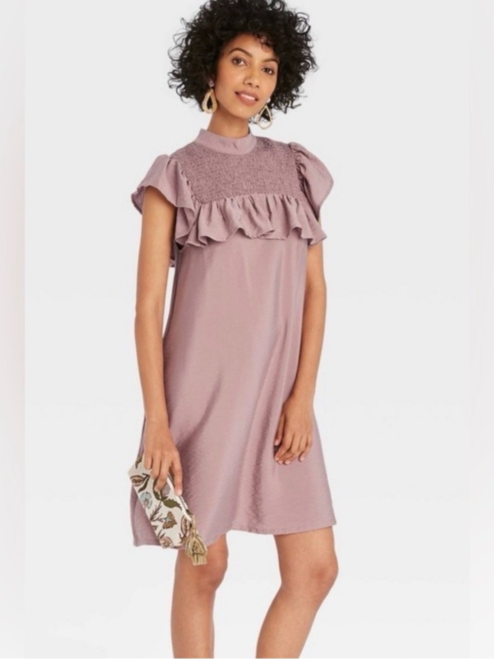 A New Day Smocked Ruffle Shift Dress in Dusty Mauve